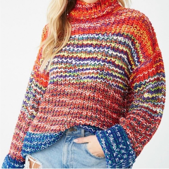 FOREVER 21‎ Marled Turtleneck Sweater Colorful Women Large Oversized Chunky Knit - Picture 1 of 9